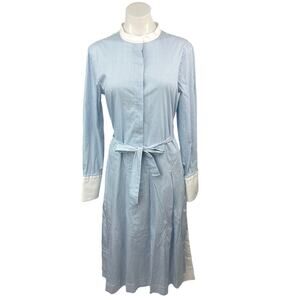 Argent Blue White Pinstriped Belted Long Sleeve Button Front Maxi Dress Size S